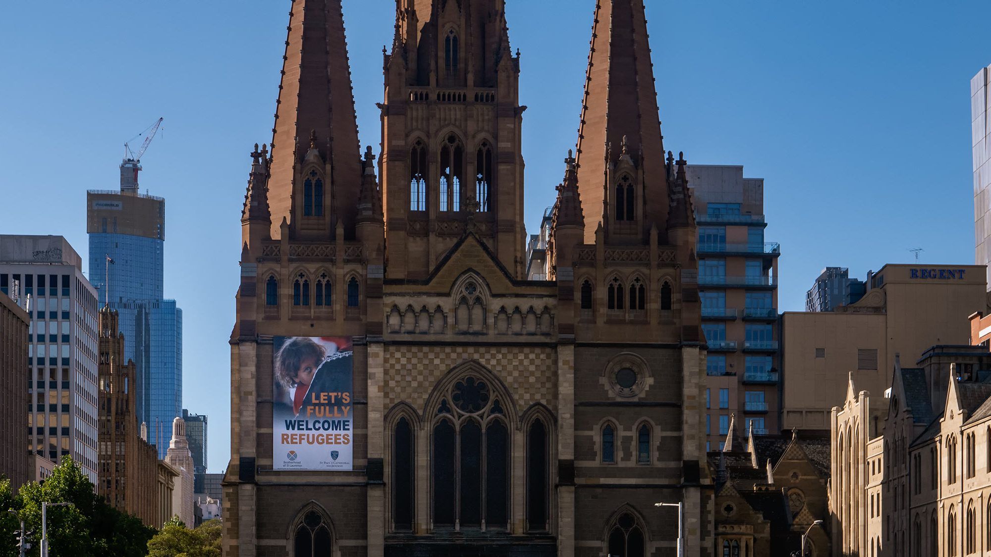 refugees welcome display on church